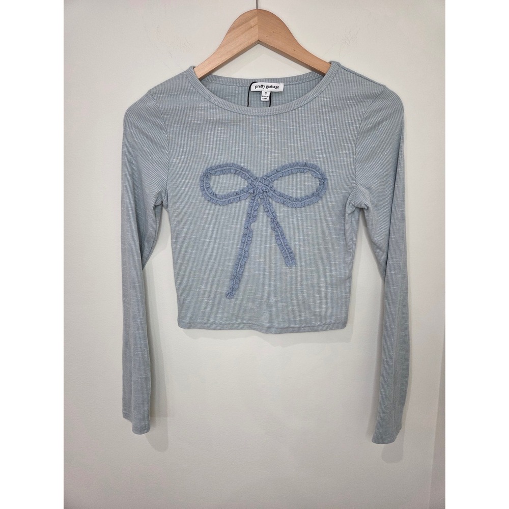 Pretty Garbage Blue Ribbed Long‎ Sleeve Crop Top with Bow Applique Small